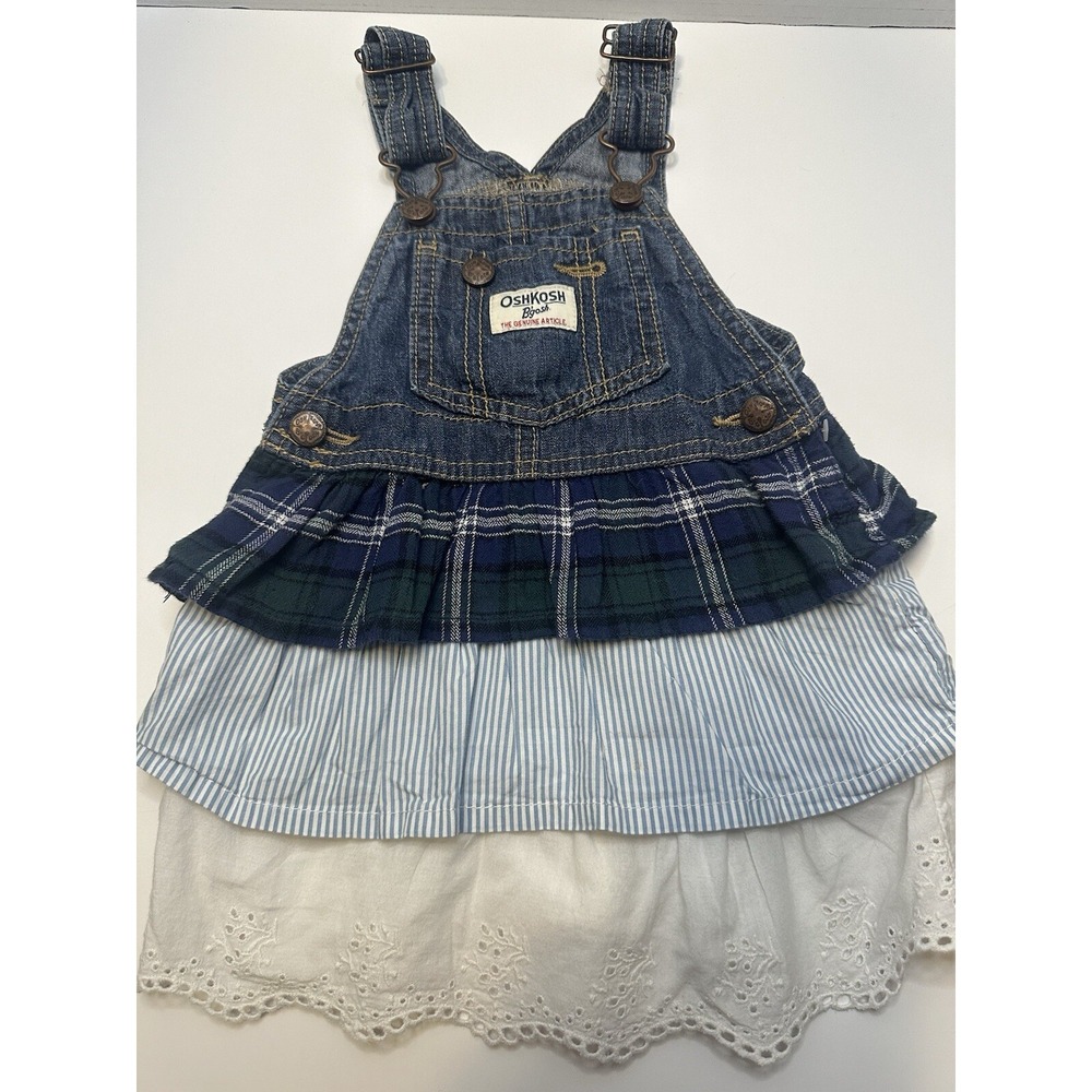 Oshkosh B'gosh Girl's Denim Overall‎ Dress - Eyelet Plaid Ruffled Layers 18M